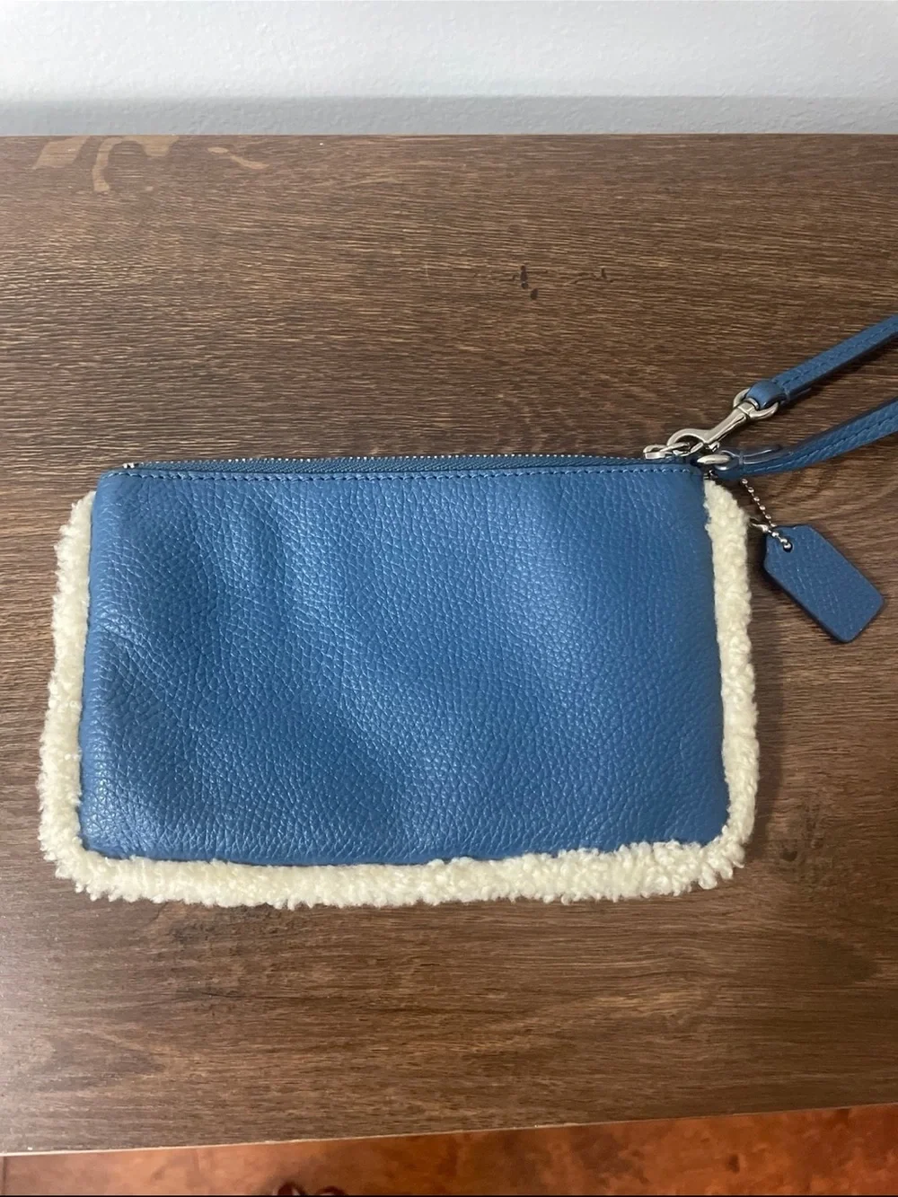 Coach Blue Pebbled Leather Shoulder Wristlet with Cream Shearling Trim